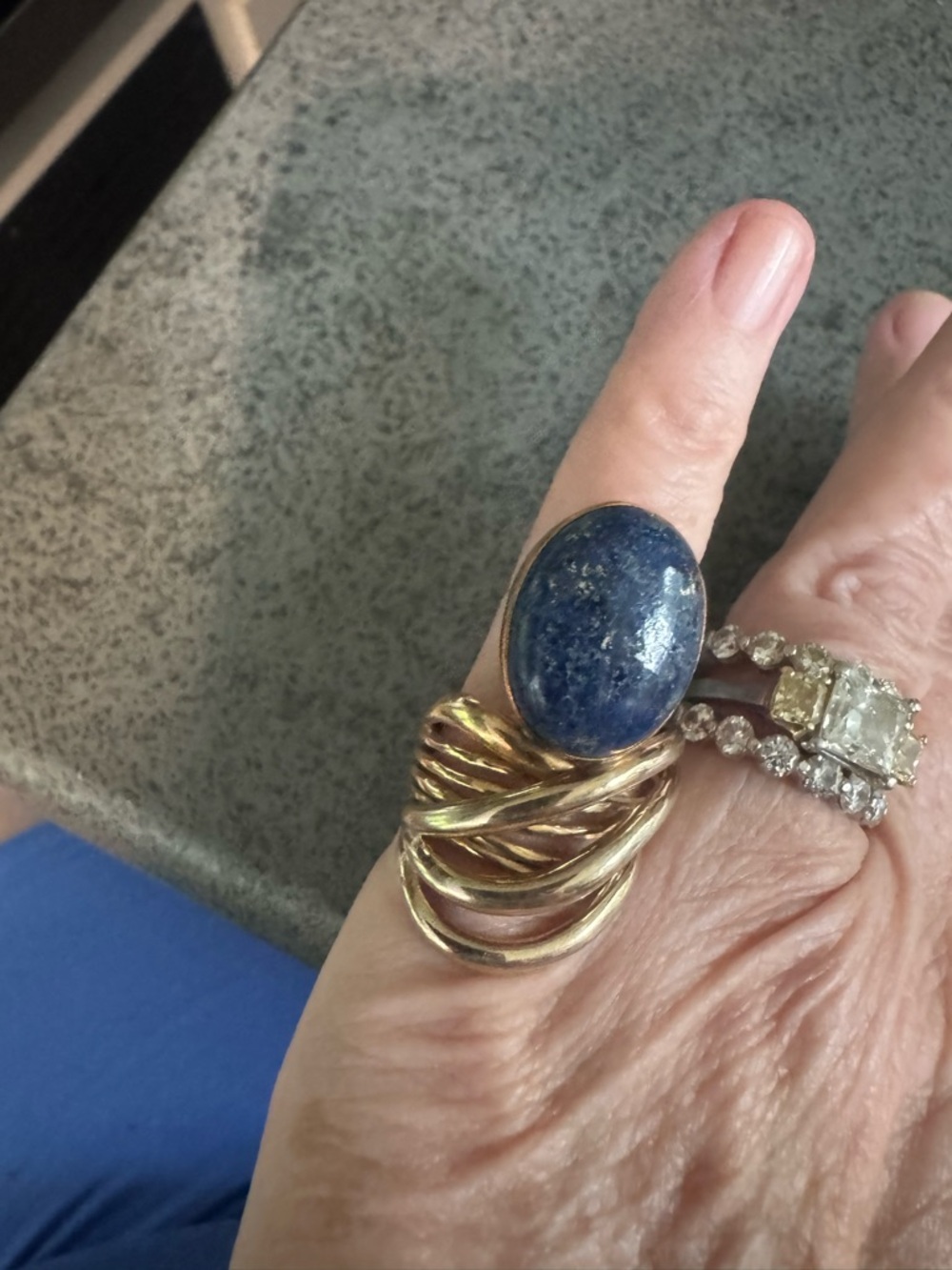 14K Yellow Gold Intricate Band With A Huge Lapis Lazuli
